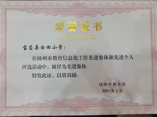 寶應縣白田小學喜獲 揚州市教育信息化工作先進集體 獎牌